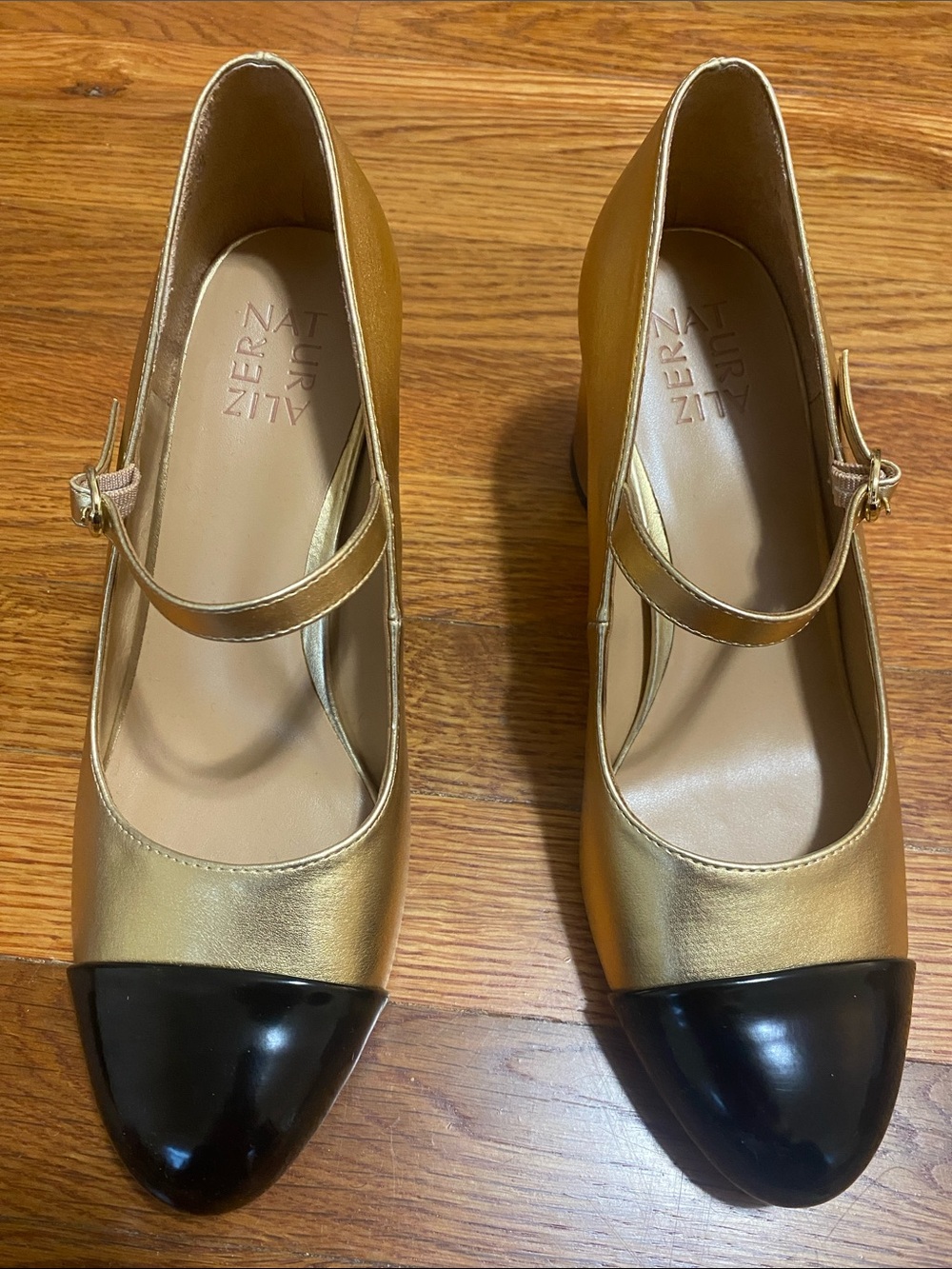 Naturalizer Gold Mary Jane Block Heels with Black Cap Toe